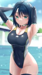 Rule 34 | 1girl, armpits, arms behind head, awono nanaumi, black one-piece swimsuit, black thighhighs, blue hair, breasts, commentary request, competition swimsuit, cowboy shot, elbow gloves, fukami nana (awono nanaumi), gloves, green eyes, hair flaps, highres, large breasts, looking at viewer, multicolored clothes, multicolored swimsuit, one-piece swimsuit, original, parted lips, seductive gaze, solo, swimsuit, thighhighs