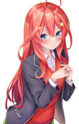 Rule 34 | 1girl, absurdres, ahoge, black jacket, blazer, blue eyes, blush, collared shirt, commentary request, go-toubun no hanayome, green skirt, hair between eyes, hair ornament, highres, jacket, long hair, looking at viewer, nakano itsuki, open clothes, open jacket, pleated skirt, red hair, red sweater, school uniform, shirt, simple background, skirt, solo, star (symbol), star hair ornament, sweater, white background, white shirt, yuunamida uyu