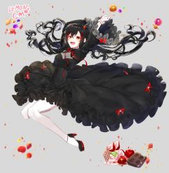 Rule 34 | 1girl, :d, arms up, artist name, bad id, bad pixiv id, black dress, black hair, blush, bow, breasts, cake, chocolate, commission, dress, floating hair, food, frills, fruit, full body, gothic lolita, high heels, horns, jumping, lolita fashion, long hair, looking at viewer, medium breasts, multicolored hair, open mouth, orange (fruit), original, peach, red eyes, red hair, ribbon, smile, solo, strawberry, streaked hair, tr6247, very long hair, waffle, wide sleeves