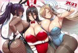Rule 34 | 2023, 3girls, alternate costume, animal ears, ass, asuna (blue archive), asuna (bunny) (blue archive), back, bare shoulders, black hair, black leotard, blue archive, blue eyes, blue leotard, blue ribbon, blush, breast press, breasts, brown pantyhose, chinese zodiac, cleavage, dark-skinned female, dark skin, detached collar, elbow gloves, fake animal ears, female focus, fishnet pantyhose, fishnets, gloves, grin, hair between eyes, hair over one eye, hair ribbon, half-closed eyes, halo, happy new year, hasumi (blue archive), highleg, highleg leotard, huge breasts, kanno takanori, karin (blue archive), karin (bunny) (blue archive), leotard, light brown hair, long hair, looking at viewer, looking back, mole, mole on breast, mole under eye, multiple girls, new year, official alternate costume, one eye closed, pantyhose, playboy bunny, ponytail, rabbit ears, rabbit tail, red eyes, red leotard, ribbon, sideboob, sidelocks, smile, tail, thick thighs, thighband pantyhose, thighs, v, very long hair, white gloves, wide hips, year of the rabbit, yellow eyes
