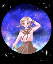 Rule 34 | 1girl, :d, absurdres, amano akari (leo to mikazuki), arm up, artist name, black background, blue sky, blush, breast pocket, brown eyes, brown ribbon, brown sailor collar, brown skirt, commentary request, dated, feet out of frame, happy, highres, kinoshita honoka, leo to mikazuki, light brown hair, long hair, long sleeves, looking at viewer, low twintails, multicolored sky, neck ribbon, night, night sky, open mouth, pocket, ribbon, round image, sailor collar, school uniform, serafuku, shirt, skirt, sky, sleeve cuffs, smile, solo, sparkle, star (sky), starry sky, striped, twintails, white shirt, white stripes