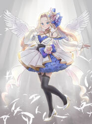 Rule 34 | 1girl, angel wings, bare shoulders, black thighhighs, blonde hair, blue bow, blue dress, blue eyes, blue ribbon, bow, breasts, cleavage, closed mouth, dress, earrings, falling feathers, feathered wings, feathers, frilled dress, frills, full body, garter straps, grey background, hair ribbon, high heels, highres, jewelry, kimi no koto ga dai dai dai dai daisuki na 100-nin no kanojo, light particles, light rays, long hair, long sleeves, medium breasts, paramisan, ribbon, solo, thighhighs, utsukushisugi mimimi, white dress, white feathers, white footwear, white wings, wings