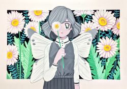 Rule 34 | 1girl, acrylic paint (medium), amamams, black background, black eyes, butterfly wings, collared shirt, daisy, flower, grey hair, highres, holding, holding flower, insect wings, leaf, one eye covered, original, painting (medium), plant, pleated skirt, school uniform, shirt, short hair, skirt, straight-on, sweater vest, swept bangs, traditional media, wings