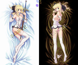 Rule 34 | 1girl, ahoge, anus, artoria pendragon (all), artoria pendragon (fate), ass, bare shoulders, bed sheet, between thighs, blonde hair, blue eyes, blush, bow, breasts, bustier, caliburn (fate), cleavage, covered erect nipples, dakimakura (medium), detached sleeves, fate/stay night, fate/unlimited codes, fate (series), from behind, garter straps, green eyes, hair bow, kneepits, lace, lace-trimmed legwear, lace panties, lace trim, legs, lingerie, looking back, multiple views, nagumo (qmzp10), nipples, panties, ponytail, pussy, saber (fate), saber lily, sample watermark, scabbard, sheath, sheathed, sheet grab, sword, thighhighs, uncensored, underwear, watermark, weapon, white thighhighs