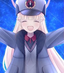 Rule 34 | 1girl, blonde hair, blue archive, blush, commentary request, closed eyes, halo, hat, jacket, long hair, meteor shower, mirun (funimani), night, nodoka (blue archive), open mouth, outstretched arms, school uniform, sky, solo, spread arms, star (sky), starry sky, winter clothes