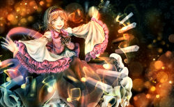 Rule 34 | 1girl, :d, brown hair, frilled skirt, frilled sleeves, frills, headband, highres, long sleeves, open mouth, outstretched arms, piano keys, short hair, skirt, smile, spread arms, touhou, tsukumo yatsuhashi, wide sleeves, yellow eyes, yuren