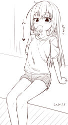 1girl blush collarbone commentary_request dated dolphin_shorts feet_out_of_frame food food_in_mouth greyscale hair_between_eyes highres long_hair looking_at_viewer monochrome original popsicle shirt short_shorts short_sleeves shorts sitting solo takasuma_hiro translation_request very_long_hair