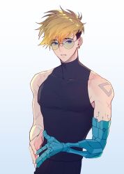 Rule 34 | 1boy, bare shoulders, black hair, black shirt, blonde hair, blue eyes, collarbone, commentary, earrings, english commentary, glasses, grey background, highres, jewelry, looking at viewer, male focus, mole, mole under eye, multicolored hair, natural wind, no jacket, own hands together, parted lips, prosthesis, prosthetic arm, round eyewear, scar, scar on arm, scar on shoulders, shirt, short hair, sleeveless, sleeveless turtleneck, solo, tight clothes, tight shirt, toned, toned male, trigun, trigun stampede, turtleneck, two-tone hair, undercut, upper body, vash the stampede