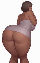 Rule 34 | 1girl, absurdres, alternate body size, ass, asura (asurauser), avatar legends, back, blue eyes, blush, breasts, brown hair, dark-skinned female, dark skin, from behind, highres, huge ass, huge breasts, korra, large breasts, leaning forward, legs together, looking at viewer, looking back, naked towel, plump, short hair, simple background, solo, the legend of korra, thick thighs, thighs, towel, wet, wide hips