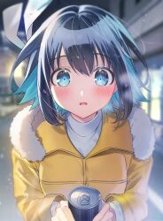 Rule 34 | 16bit sensation, 1girl, akisato konoha, black hair, blue eyes, blue hair, blurry, blurry background, blush, breath, can, colored inner hair, commentary request, fur-trimmed hood, fur trim, highres, holding, holding can, hood, hooded jacket, jacket, long sleeves, looking at viewer, medium hair, moemoenomori, multicolored hair, outdoors, parted lips, shirt, solo, straight-on, two-tone hair, upper body, white shirt, yellow jacket