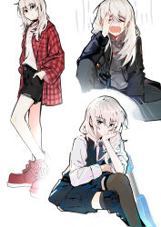 Rule 34 | 1girl, absurdres, black jacket, black necktie, black pants, black shorts, black thighhighs, black vest, boots, collared shirt, commentary, drawstring, electric guitar, girls band cry, grey hair, grey hoodie, guitar, hand on own face, highres, hood, hoodie, instrument, jacket, kawaragi momoka, knee boots, long hair, long sleeves, looking at viewer, multiple views, necktie, open mouth, pants, plaid, plaid skirt, red footwear, red shirt, shirt, shoes, shorts, simple background, skirt, sneakers, sweatdrop, thighhighs, vest, white background, white shirt, ydpfa