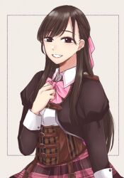 Rule 34 | 1girl, arm at side, assault lily, belt, belt buckle, bow, bowtie, braid, brown belt, brown eyes, brown hair, brown jacket, buckle, collared shirt, commentary request, corset, cowboy shot, framed, french braid, fukuyama jeanne sachie, grey background, grin, hair behind ear, hair bow, hand on own chest, hand up, jacket, juliet sleeves, long hair, long sleeves, looking at viewer, ludvico private girls&#039; academy school uniform, mole, mole under eye, multiple belts, nigari (ngari 0115), open clothes, open jacket, outside border, parted lips, pink bow, pink bowtie, pink skirt, plaid, plaid skirt, puffy sleeves, school uniform, shirt, sidelocks, simple background, skirt, smile, solo, underbust, white shirt, zipper pull tab