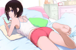 Rule 34 | 1girl, armpits, ass, bare arms, bare shoulders, barefoot, black hair, breasts, camisole, commentary request, feet, from behind, hair ornament, hairclip, highres, holding, leg up, looking at viewer, looking back, lying, medium hair, midriff, on bed, on stomach, original, parted lips, phone, pillow, purple eyes, red shorts, shirt, short shorts, shorts, sleeveless, sleeveless shirt, small breasts, solo, spaghetti strap, tea (nakenashi), white shirt