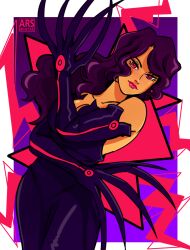 Rule 34 | 1girl, arsmentae, black dress, black hair, commentary, cowboy shot, dress, english commentary, eyelashes, fullmetal alchemist, highres, long dress, long hair, looking at viewer, lust (fma), pink lips, purple background, solo, very long fingernails, wavy hair