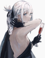 Rule 34 | alcohol, an-94 (girls&#039; frontline), aqua eyes, arm behind head, arm up, armpits, bare back, bare shoulders, black dress, black gloves, black ribbon, braid, braided bun, breasts, champagne, closed mouth, cocktail dress, cocktail glass, commentary request, cup, dress, drinking glass, earrings, expressionless, frilled gloves, frills, from side, girls&#039; frontline, gloves, hair bun, hair ribbon, head tilt, highres, holding, holding cup, jewelry, looking at viewer, medium breasts, partial commentary, platinum blonde hair, ribbon, sideboob, sidelocks, simple background, single earring, solo, strapless, strapless dress, sushiwa, white background