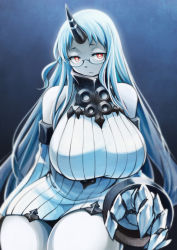 Rule 34 | 10s, 1girl, abyssal ship, bare shoulders, bespectacled, breasts, claws, detached sleeves, dress, glasses, horns, huge breasts, kantai collection, long hair, pale skin, pas (paxiti), red eyes, ribbed dress, seaport princess, semi-rimless eyewear, short dress, sideboob, single horn, solo, thick thighs, thighs, under-rim eyewear, very long hair, white hair