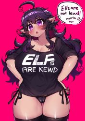 Rule 34 | 1girl, :o, absurdres, ahoge, black shirt, black thighhighs, blush, breasts, cameltoe, cleavage, clothes writing, collarbone, cowboy shot, curvy, elf, english text, hands on own hips, highres, huge breasts, lewdweather, long hair, looking at viewer, no pants, nyarla (osiimi), open mouth, original, osiimi, panties, pink background, pointy ears, purple eyes, purple hair, shirt, simple background, solo, speech bubble, t-shirt, the crawling city, thick thighs, thighhighs, thighs, underwear, wide hips