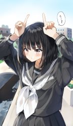 Rule 34 | 1girl, :t, arms up, black hair, black sailor collar, black serafuku, black shirt, black skirt, blush, brown eyes, closed mouth, commentary request, day, highres, horns pose, long sleeves, looking at viewer, neckerchief, original, outdoors, pentagon (railgun ky1206), pleated skirt, pouch, rabbit pose, sailor collar, school uniform, serafuku, shirt, skirt, solo, translation request, v-shaped eyebrows, white neckerchief