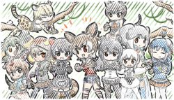 Rule 34 | &gt;:d, &gt;:o, 10s, 6+girls, :d, :o, ^ ^, animal ears, antlers, appleq, axis deer (kemono friends), black eyes, black hair, blue hair, brown eyes, brown hair, claw pose, closed eyes, commentary request, fossa (kemono friends), frilled lizard (kemono friends), green hair, head wings, highres, hood, horns, indian elephant (kemono friends), kemono friends, king cobra (kemono friends), long hair, looking at viewer, malayan tapir (kemono friends), multiple girls, ocelot (kemono friends), okapi (kemono friends), open mouth, orange eyes, peafowl (kemono friends), short hair, smile, snake tail, southern tamandua (kemono friends), tail, tasmanian devil (kemono friends), tree, v-shaped eyebrows, white hair, wings, yellow eyes