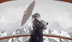 Rule 34 | 1girl, absurdres, alternate costume, alternate hairstyle, black gloves, bridge, cloud, cloudy sky, cowboy shot, eyelashes, floral print, from below, from side, fur scarf, gloves, grey eyes, grey sky, hair up, highres, holding, holding umbrella, hololive, hololive english, mountain, mountainous horizon, ninomae ina&#039;nis, obi, oil-paper umbrella, pointy ears, purple hair, samu (7643109), sash, sky, solo, umbrella, virtual youtuber, winter