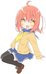 Rule 34 | 1girl, :d, ahoge, arm support, ayanepuna, black thighhighs, blue sailor collar, blue skirt, blush, brown eyes, brown footwear, brown hair, cardigan, commentary request, full body, hair between eyes, hair ribbon, highres, loafers, long sleeves, looking at viewer, neckerchief, open cardigan, open clothes, open mouth, original, pleated skirt, ribbon, sailor collar, shirt, shoes, simple background, skirt, sleeves past wrists, smile, solo, thighhighs, white background, white ribbon, white shirt, yellow neckerchief, yune (ayanepuna)