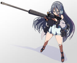 Rule 34 | 1girl, bags under eyes, bandaid, bandaid on knee, bandaid on leg, black footwear, black hair, closed mouth, collar, exia (nikke), feet, goddess of victory: nikke, grey eyes, gun, hair between eyes, headset, highres, holding, holding weapon, jacket, long hair, off shoulder, open clothes, open jacket, rifle, sandals, simple background, sniper rifle, solo, syope, weapon