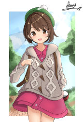 Rule 34 | 1girl, :d, absurdres, blush, bob cut, border, brown eyes, brown hair, buttons, cable knit, cardigan, collared dress, creatures (company), day, dress, farat0827, game freak, gloria (pokemon), green hat, grey cardigan, hat, highres, holding strap, hooded cardigan, long sleeves, looking at viewer, nintendo, open mouth, outdoors, pink dress, pokemon, pokemon swsh, short hair, signature, smile, solo, tam o&#039; shanter, white border