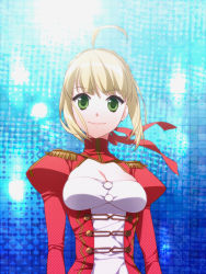 Rule 34 | 10s, 1girl, ahoge, blonde hair, breasts, cleavage, dress, epaulettes, fate/extra, fate (series), green eyes, hair ribbon, juliet sleeves, large breasts, long sleeves, nero claudius (fate), nero claudius (fate), nero claudius (fate/extra), pesu (penpen), puffy sleeves, ribbon, solo