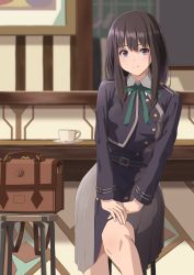Rule 34 | 1girl, absurdres, black hair, closed mouth, collared shirt, commentary request, green ribbon, highres, indoors, inoue takina, long hair, looking at viewer, lycoris recoil, lycoris uniform, matebashi, neck ribbon, ribbon, shirt, smile, solo, suitcase, two-tone dress