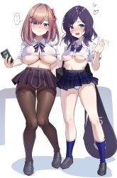 Rule 34 | ..., 2girls, :d, aiba uiha, aqua eyes, ayagi daifuku, black footwear, black hair, blue skirt, bow, breasts, brown hair, brown pantyhose, cellphone, closed mouth, collared shirt, commentary request, full body, hair bow, hair ornament, hand up, highres, holding, holding phone, large breasts, loafers, looking at viewer, medium breasts, mole, mole under eye, multiple girls, navel, nijisanji, open mouth, pantyhose, phone, plaid, plaid skirt, purple skirt, red bow, shirt, shoes, short hair, skirt, smile, spoken ellipsis, standing, striped, striped bow, suzuhara lulu, underboob, virtual youtuber, white shirt, x hair ornament