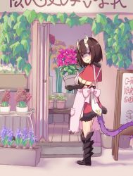 Rule 34 | 1girl, apron, armored boots, black bra, black footwear, black gloves, boots, bra, broken horn, brown hair, capelet, commentary request, demon girl, demon horns, elbow gloves, eriko (princess connect!), eriko (valentine) (princess connect!), flower, flower pot, flower shop, fur-trimmed capelet, fur-trimmed skirt, fur trim, gloves, holding, holding flower pot, holding pot, horns, looking at viewer, looking back, narusakabronze, plant, pot, potted plant, princess connect!, purple eyes, red capelet, red skirt, shaded face, shop, short hair, sign, skirt, smile, solo, spiked tail, tail, underwear