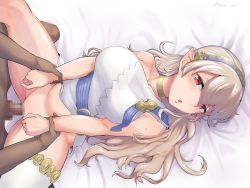 Rule 34 | 1boy, 1girl, :o, absurdres, artist name, bare shoulders, bed sheet, blade ride, blush, censored, choker, clothed female nude male, collarbone, corrin (female) (fire emblem), corrin (fire emblem), dark-skinned male, dark skin, dress, fire emblem, fire emblem fates, fire emblem heroes, from above, hair between eyes, hairband, hetero, highres, holding another&#039;s wrist, long hair, lying, missionary, mosaic censoring, nintendo, nude, on back, parted lips, penis, pointy ears, red eyes, sex, silver hair, single thighhigh, sleeveless, sleeveless dress, spread legs, sweat, thighhighs, vaginal, white dress, white thighhighs