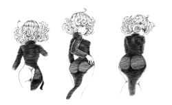 Rule 34 | 1girl, :o, ass, bare legs, curly hair, drawfag, dress, from behind, frown, greyscale, hand on own hip, highres, impossible clothes, impossible dress, long sleeves, looking back, monochrome, multiple views, no panties, non-web source, one-punch man, open mouth, parody, short hair, simple background, style parody, sweatdrop, tatsumaki, the golden smurf, torn clothes, white background, wide hips