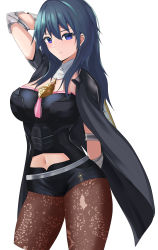 Rule 34 | 1girl, arm behind back, arm behind head, arm up, armor, bad id, bad pixiv id, black cape, black shorts, blue eyes, blue hair, blush, breasts, brown pantyhose, byleth (female) (fire emblem), byleth (fire emblem), cape, closed mouth, commentary request, cowboy shot, edelritter, elbow pads, fire emblem, fire emblem: three houses, hair between eyes, highres, lace, lace-trimmed legwear, lace trim, large breasts, pantyhose under shorts, long hair, looking at viewer, navel, nintendo, pantyhose, short shorts, shorts, shoulder armor, simple background, solo, tassel, white background, white pantyhose