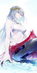 Rule 34 | 1girl, absurdres, android, breasts, chap sal !, crop top, highres, indie virtual youtuber, long hair, looking at viewer, mechanical legs, medium breasts, midriff, open hand, parted lips, red skirt, silver hair, sitting, skirt, solo, the cecile (vtuber), very long hair, virtual youtuber, water