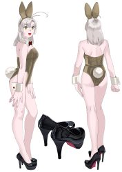 Rule 34 | 1girl, absurdres, alternate costume, alternate hairstyle, animal ears, antenna hair, bad id, bad twitter id, bare legs, black bow, black bowtie, black footwear, bow, bowtie, commentary request, detached collar, full body, green eyes, grey hair, grey leotard, high heels, highres, kantai collection, kinugasa (kancolle), kinugasa kai ni (kancolle), leotard, medium hair, multiple views, ojipon, playboy bunny, rabbit ears, rabbit tail, simple background, standing, strapless, strapless leotard, tail, white background, wrist cuffs
