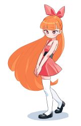 Rule 34 | 1girl, bare arms, bare shoulders, black footwear, blossom (ppg), blush, breasts, cleavage, closed mouth, commentary, dress, floating hair, fopota, full body, hair ribbon, highres, long hair, looking at viewer, mary janes, orange hair, own hands together, pleated dress, powerpuff girls, red dress, red eyes, red ribbon, ribbon, shadow, shoes, simple background, sleeveless, sleeveless dress, small breasts, solo, standing, thighhighs, very long hair, white background, white thighhighs
