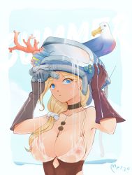 Rule 34 | 1girl, azur lane, bird, black gloves, blonde hair, blue eyes, breasts, choker, coral, covered erect nipples, diving mask, dripping, gloves, goggles, hair over shoulder, highres, hood (azur lane), hood (bilan hangxian), hood (lady of the shining sun) (azur lane), large breasts, long hair, looking up, low ponytail, one-piece swimsuit, rubber gloves, seagull, see-through, solo, swimsuit, upper body, water, wet, wet clothes, yueguang zhanglang