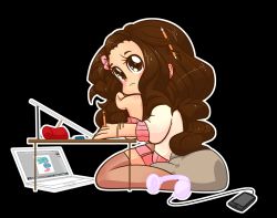 Rule 34 | 1girl, artist self-insert, black background, bracelet, brown eyes, brown hair, cellphone, computer, curly hair, digital media player, hair ribbon, headphones, ipod, ipod touch, jewelry, laptop, long hair, loony bear, original, outline, pencil, phone, ribbon, simple background, sitting, solo, table, thighhighs, white outline, zettai ryouiki