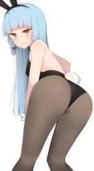 Rule 34 | 10s, 1girl, animal ears, ass, bare shoulders, bent over, black bow, black bowtie, blunt bangs, blush, bow, bowtie, brown pantyhose, cole (coleltu), detached sleeves, eyebrows, fake animal ears, fake tail, from behind, hair ribbon, hairband, highres, kantai collection, leotard, long hair, looking back, murakumo (kancolle), open mouth, orange eyes, pantyhose, playboy bunny, rabbit ears, rabbit tail, red ribbon, ribbon, silver hair, simple background, solo, strapless, strapless leotard, sweatdrop, tail, thick eyebrows, very long hair, white background, wrist cuffs