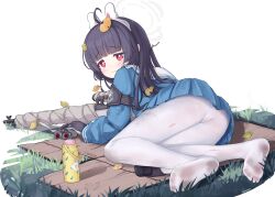 Rule 34 | 1girl, ahoge, animal ears, ass, binoculars, black gloves, black hair, blue archive, blue shirt, blue skirt, blunt bangs, bolt action, cardboard, child, closed mouth, comodomodo, crying, crying with eyes open, fake animal ears, feet, female focus, full body, gloves, grass, gun, halo, headband, highres, hime cut, holding, holding binoculars, holding gun, holding weapon, knee pads, leaf, leaf on head, legs, long hair, long sleeves, looking at viewer, looking back, lying, miyu (blue archive), mosin-nagant, no shoes, on side, pantyhose, pink eyes, rabbit ears, rifle, sailor collar, school uniform, shirt, simple background, single knee pad, skirt, soles, solo, tears, toes, underwear, weapon, white background, white pantyhose