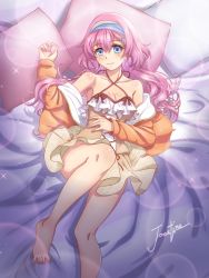 Rule 34 | bare legs, bare shoulders, barefoot, blue eyes, blush, breasts, cleavage, dress swimsuit, foot out of frame, hairband, halterneck, highres, joestine22, lens flare, long hair, looking at viewer, lying, medium breasts, on back, on bed, pillow, pink hair, priscilla (rune factory), rune factory, rune factory 5, signature