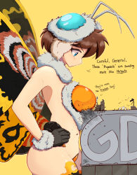 Rule 34 | 1girl, antennae, bare back, bare shoulders, bottomless, breasts, brown hair, building, giant, giantess, hands on own hips, highres, medium breasts, mothra, raps (yohomeboyraps), short hair, thighs, wings