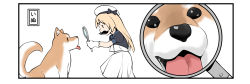 Rule 34 | 1girl, blonde hair, blue eyes, blue sailor collar, commentary request, dog, dress, fake facial hair, fake mustache, gloves, hat, highres, jervis (kancolle), kantai collection, long hair, magnifying glass, sailor collar, sailor dress, sailor hat, shiba inu, simple background, solo, takasugi heppu, white background, white dress, white gloves, white hat