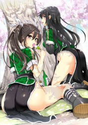 Rule 34 | 2girls, ass, belt, belt boots, black eyes, black footwear, black gloves, black hair, black legwear, black skirt, boots, bottle, breasts, brown hair, cherry blossoms, chikuma (kancolle), cross-laced footwear, dango, eating, elbow gloves, food, gloves, hair ribbon, hanami, highres, kantai collection, knee boots, kojima saya, lace-up boots, large breasts, long hair, long skirt, multiple girls, no panties, pelvic curtain, puffy short sleeves, puffy sleeves, remodel (kantai collection), ribbon, sake bottle, sanshoku dango, short sleeves, side slit, single elbow glove, single glove, single thighhigh, skewer, skirt, thigh strap, thighhighs, tone (kancolle), twintails, wagashi, white ribbon