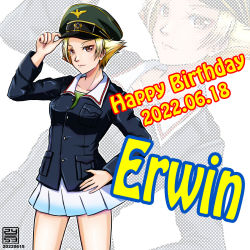 Rule 34 | 1girl, adjusting clothes, adjusting headwear, artist logo, birthday, blonde hair, blue jacket, brown eyes, character name, closed mouth, commentary, dated, english text, erwin (girls und panzer), girls und panzer, goggles, goggles on headwear, green hat, green shirt, hand on own hip, happy birthday, hat, jacket, long sleeves, looking at viewer, military, military hat, military uniform, miniskirt, nishi itsumi, ooarai military uniform, peaked cap, pleated skirt, pointy hair, shirt, short hair, skirt, smile, solo, standing, uniform, white skirt