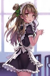 Rule 34 | 10s, 1girl, :d, blush, bow, brown eyes, brown hair, from side, hair bow, hair rings, own hands clasped, long hair, looking at viewer, looking back, love live!, love live! school idol festival, love live! school idol project, maid, minami kotori, momoko (momopoco), one side up, open mouth, own hands together, smile, solo