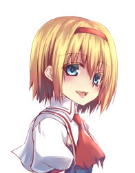 Rule 34 | 1girl, :d, alice margatroid, ascot, bad id, bad pixiv id, blonde hair, blue eyes, blush, female focus, from side, hairband, open mouth, oukawa yuu, short hair, simple background, smile, solo, touhou, upper body, white background