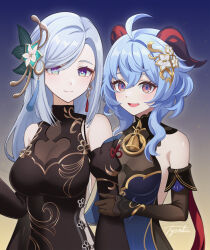 Rule 34 | 2girls, :d, ahoge, bare shoulders, black dress, blue background, blue eyes, blue hair, commentary request, detached sleeves, dress, elbow gloves, ganyu (genshin impact), ganyu (twilight blossom) (genshin impact), genshin impact, gloves, gradient background, hair ornament, highres, horns, long hair, long sleeves, looking at viewer, multiple girls, official alternate costume, open mouth, purple eyes, shenhe (frostflower dew) (genshin impact), shenhe (genshin impact), sleeveless, sleeveless dress, smile, tyenka7728, yellow background