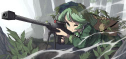 Rule 34 | 1girl, backpack, bag, bottle, camouflage, commentary request, curly hair, day, dress, flat cap, green dress, green hair, green hat, gun, hat, highres, leaf, medium hair, muzzle device, one eye closed, outdoors, rifle, short hair, skirt, skirt set, sniper rifle, solo, syope, touhou, weapon, weapon request, yamashiro takane